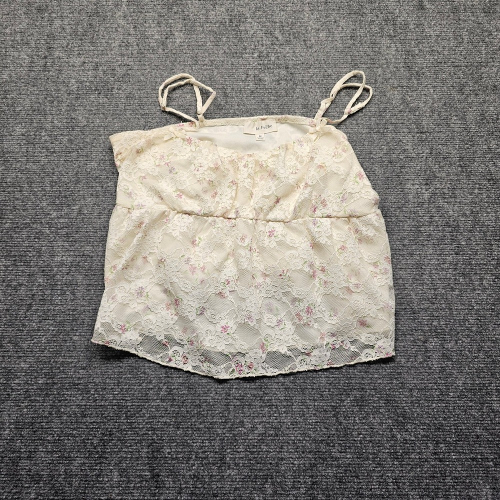 La Peche Floral Lace Camisole Cream Pink Purple Adjustable Straps Size M